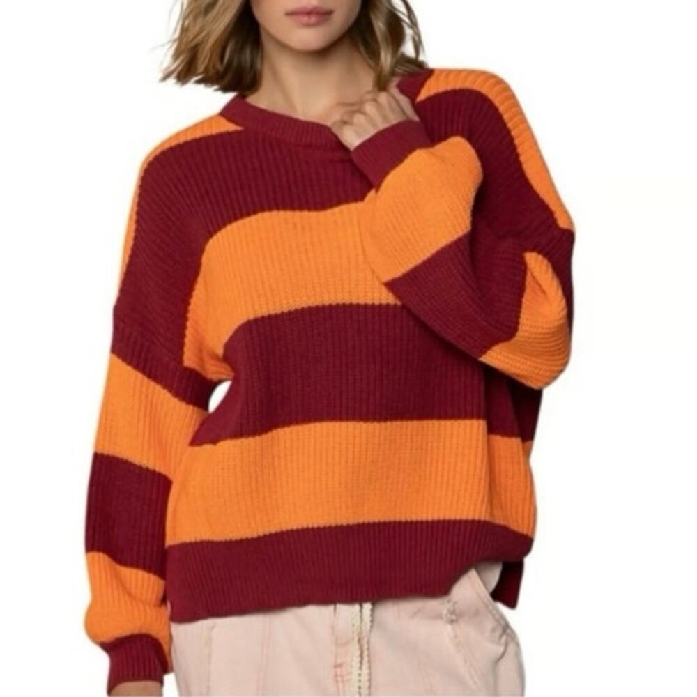 Pol Red Orange Contrast Striped Oversized Sweater Size Small